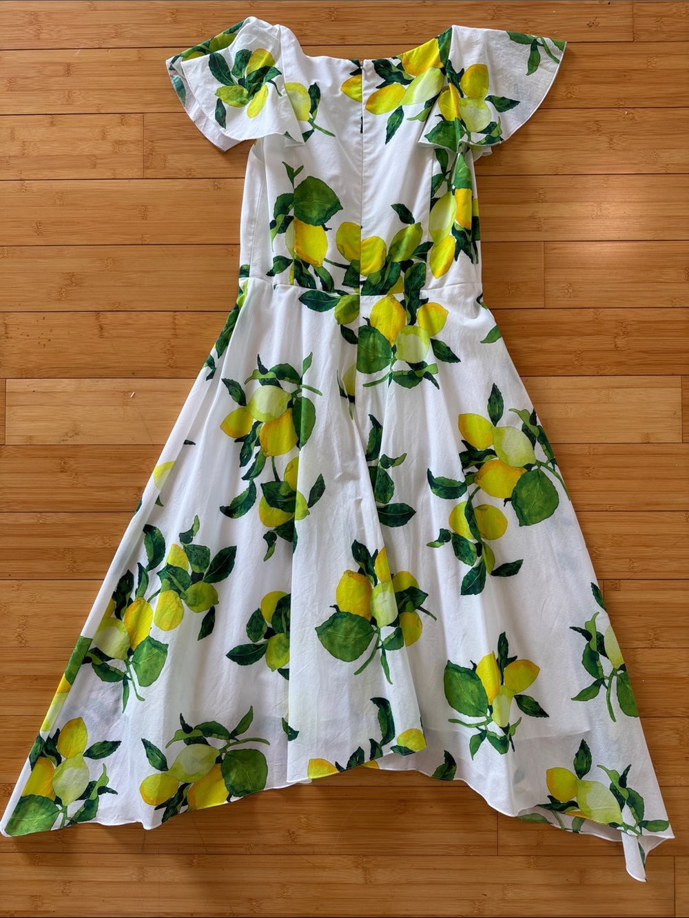 White Lemon-Print High-Low Ruffle Dress with Green Leaves - Picture 5 of 7